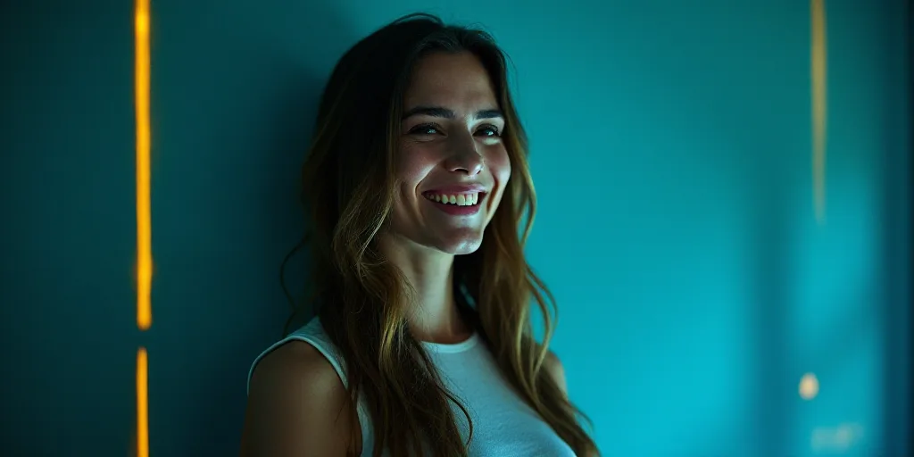 a woman is smiling for a picture with a blue background and a yellow border around her is the captio