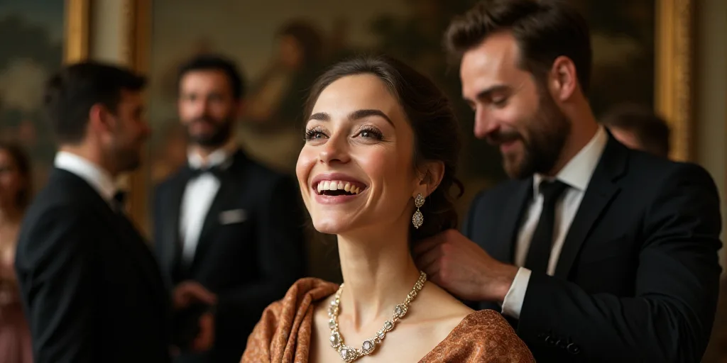 a woman is smiling while getting her hair done by a man in a suit and tie and other people, Carol Bo