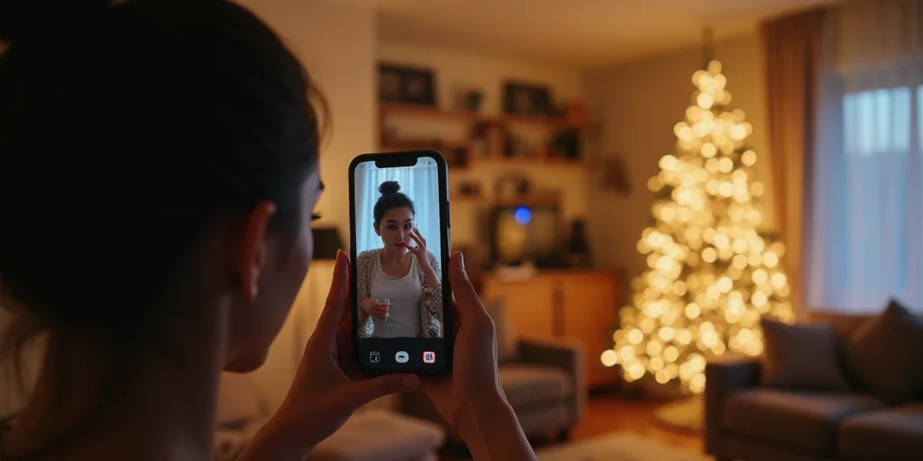 a woman is taking a picture of herself on her phone of herself in a living room with a christmas tre