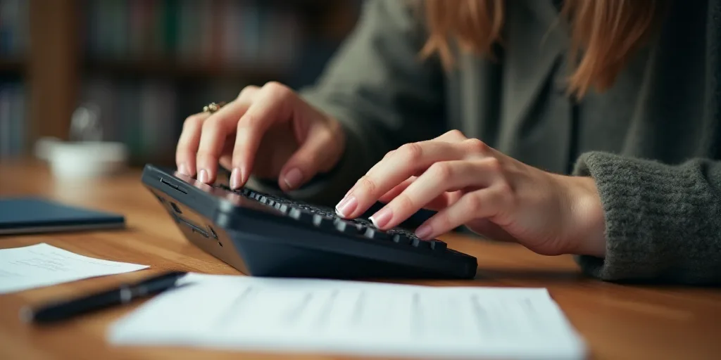 a woman is typing on a calculator on a desk with a piece of paper on it and a pen in her hand, Evely