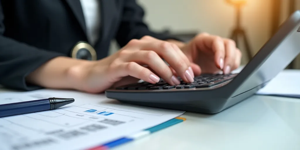 a woman is using a calculator on a desk with a calculator and a pen and paper, Avgust Černigoj, goo