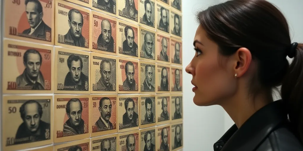 a woman looking at a wall of 50 cents bills with a portrait of a man on it in front of a woman's hea
