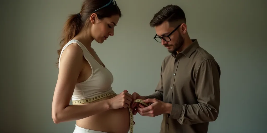 a woman measuring her stomach with a measuring tape and a pair of glasses on her head and a man in t