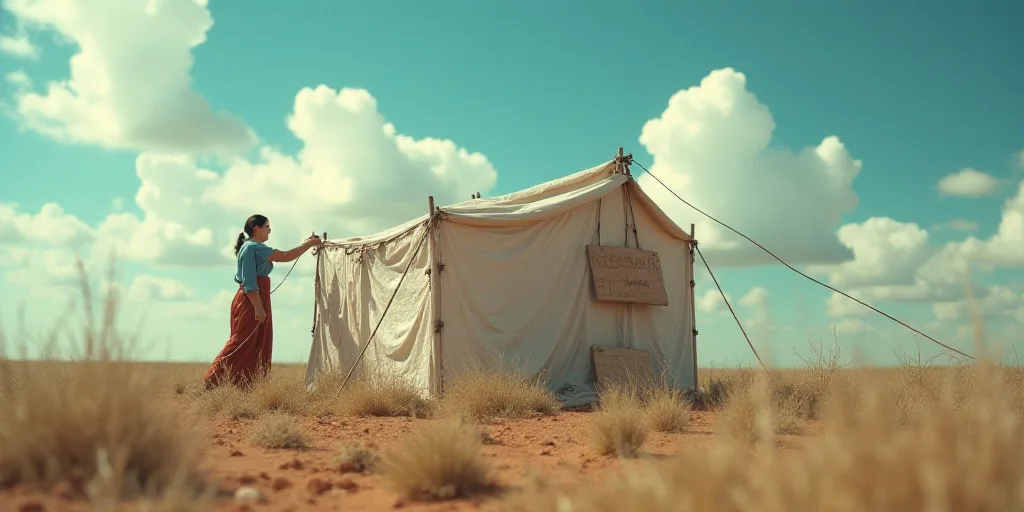 a woman painting a sign on a tent with a sky background and clouds in the background, with a sky bac