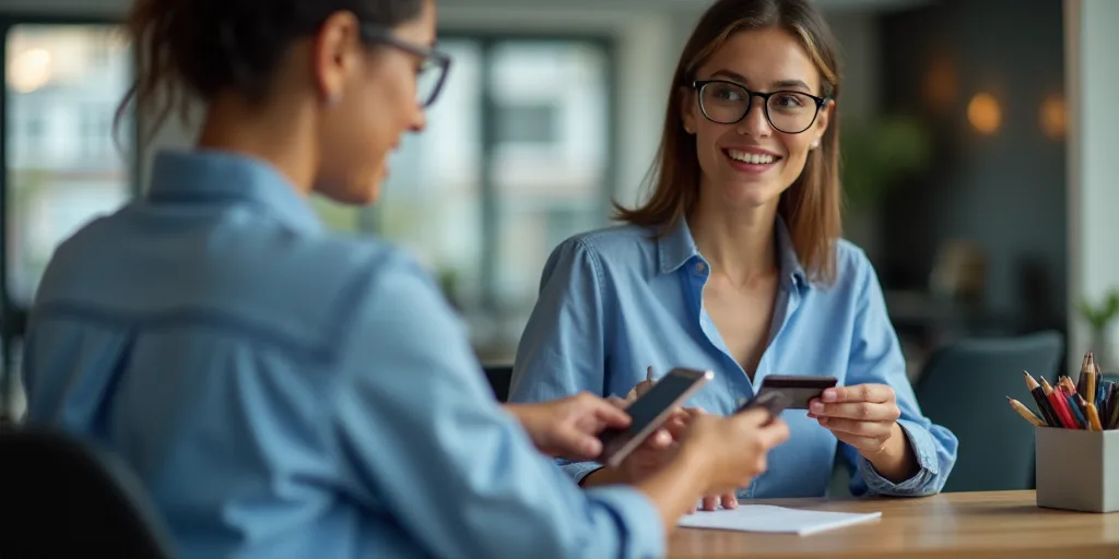 a woman paying a credit card from a woman in a blue shirt and glasses at a table with a phone, Andri