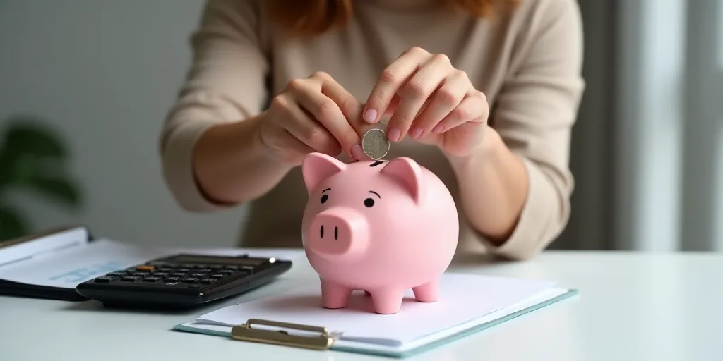a woman putting a coin into a piggy bank next to a calculator and a clipboard, Évariste Vital Lumin