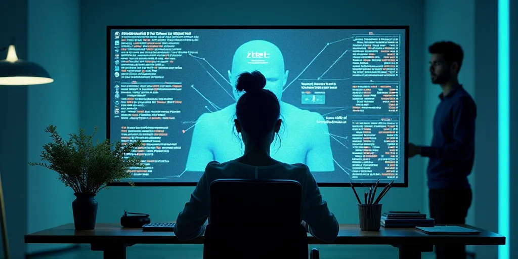 a woman sitting at a desk in front of a computer screen with a human figure on it and a man standing