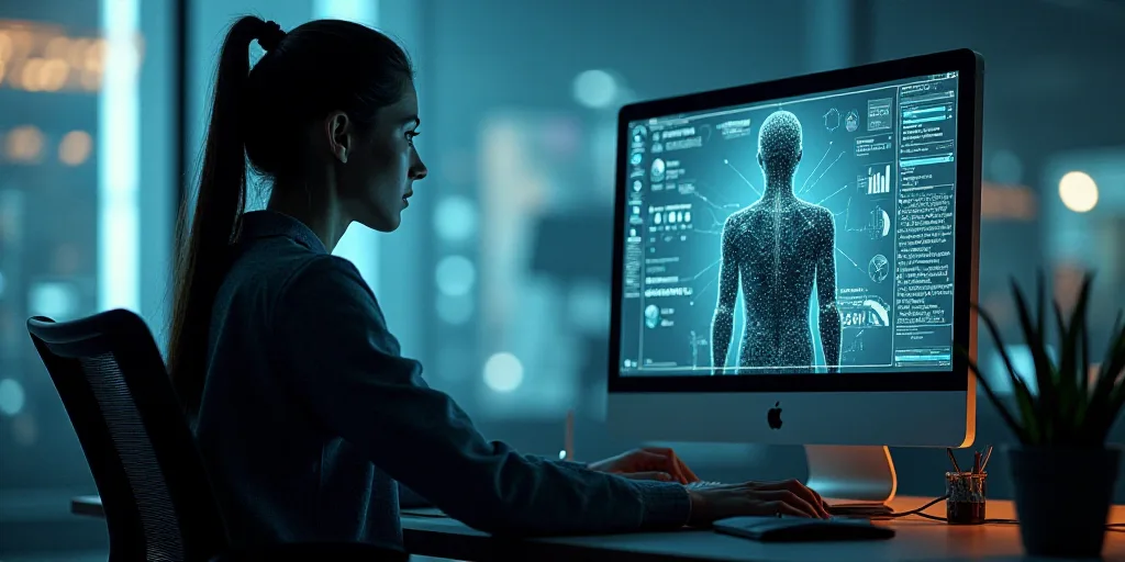 a woman sitting at a desk in front of a computer screen with a human figure on it and a man standing