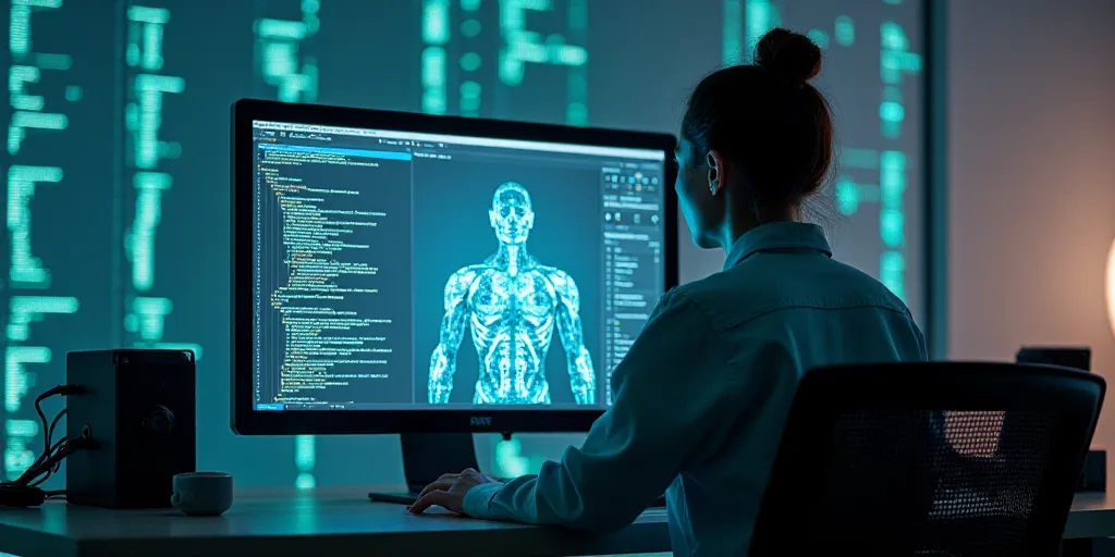 a woman sitting at a desk in front of a computer screen with a human figure on it and a man standing