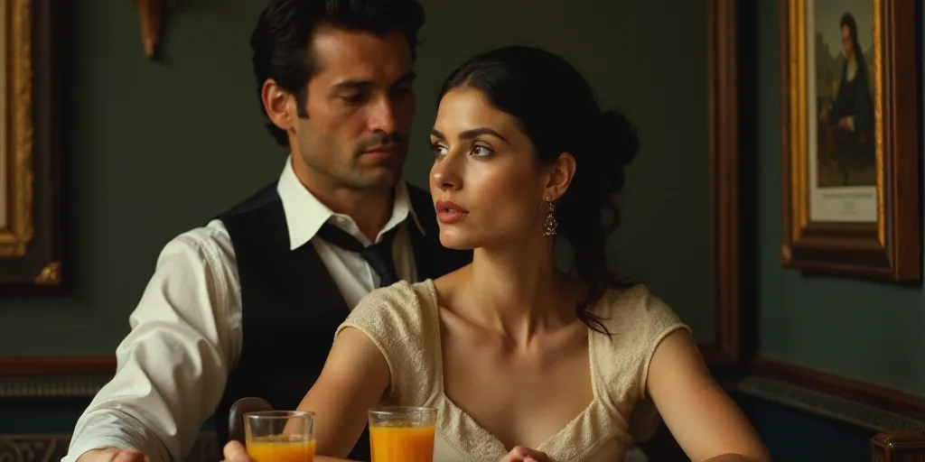 a woman sitting at a desk with a man behind her looking at her with a glass of orange juice in front