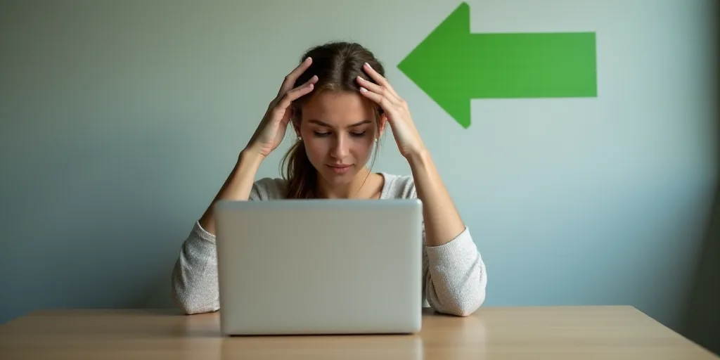 a woman sitting at a desk with her hands on her head and a laptop in front of her, with a green arro