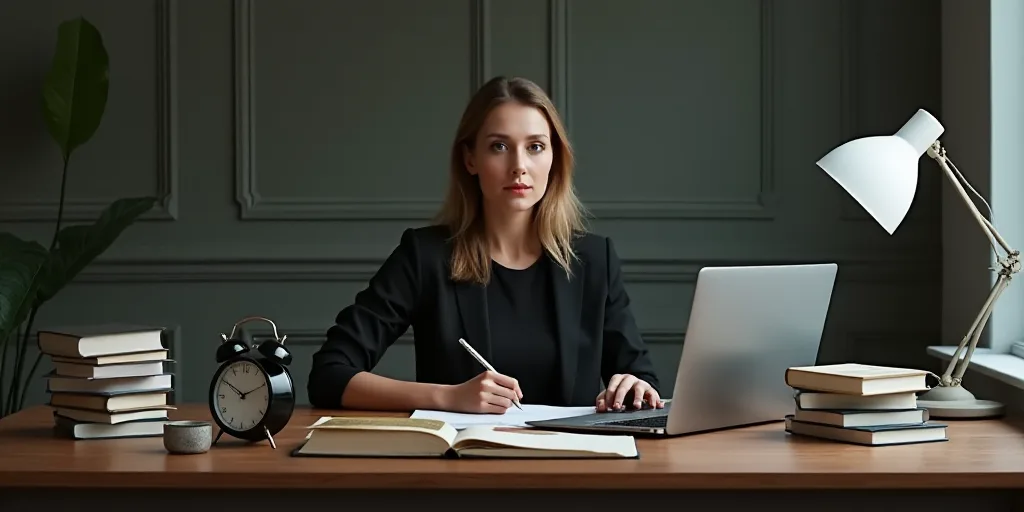 a woman sitting at a desk with a clock and a laptop computer on it, with a stack of books in front o