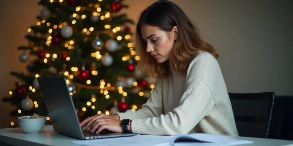 a woman sitting at a desk with a laptop computer and papers in front of her, with a christmas tree i