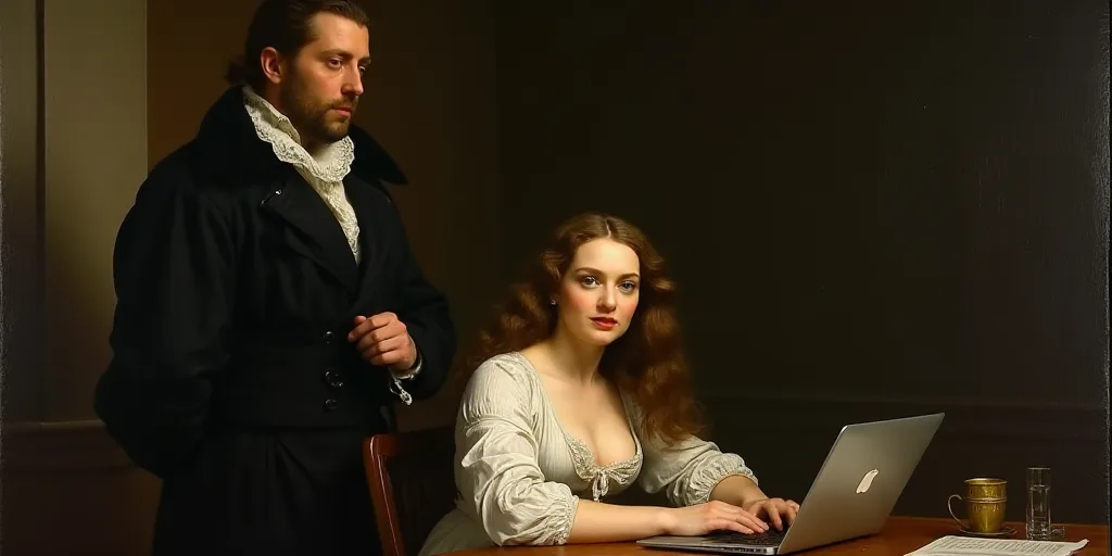a woman sitting at a table with a laptop computer in front of her and a man standing behind her, Év