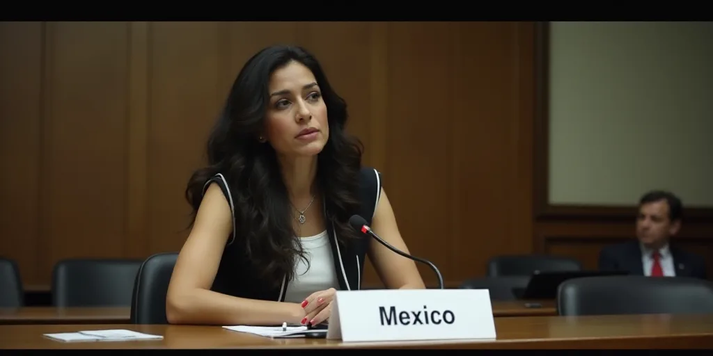 a woman sitting at a table with a microphone in front of her and a sign that says mexico on it, Arac