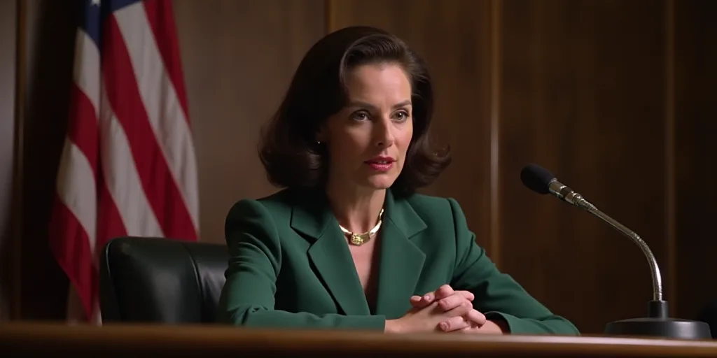 a woman sitting at a table with a microphone in front of her and a flag behind her in a room, Brenda