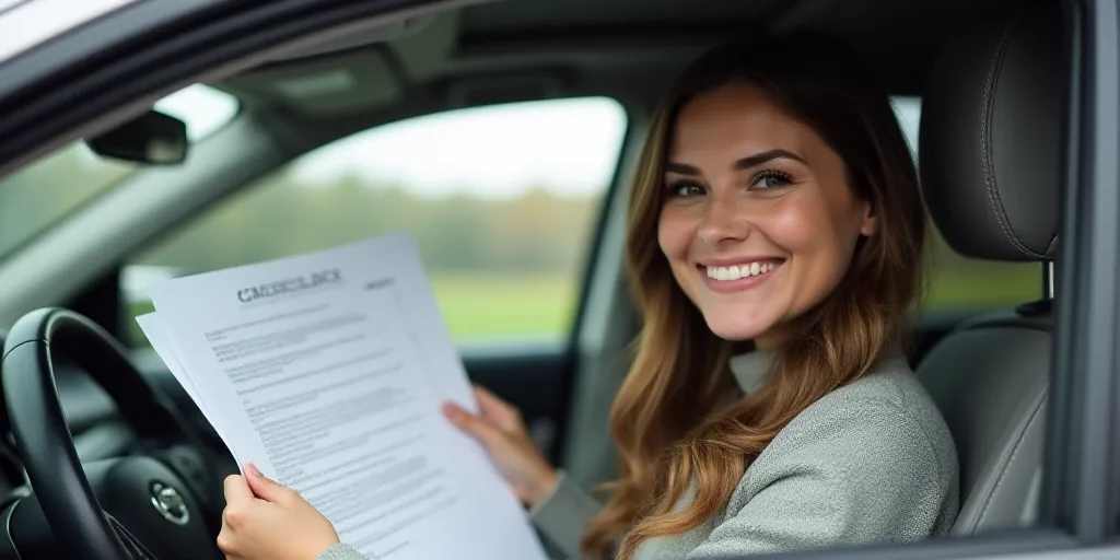 a woman sitting in a car holding a paper with a checklist on it and smiling at the camera, Ada Glady