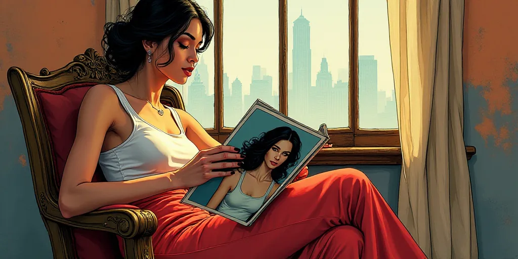 a woman sitting in a chair holding a magazine with a picture of a woman on it in front of a window,