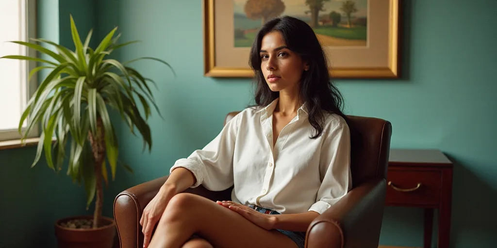 a woman sitting in a chair in an office setting with a plant in the background and a painting on the