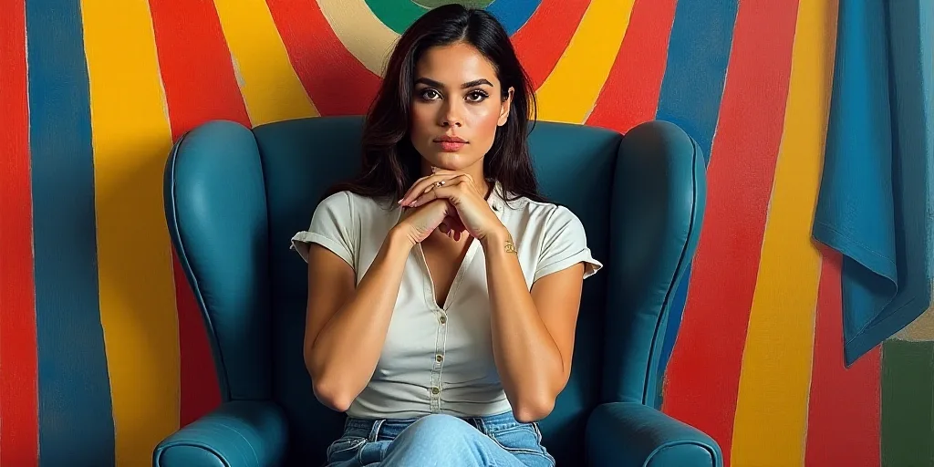 a woman sitting in a chair with her hands folded in front of her face and a flag behind her, Araceli