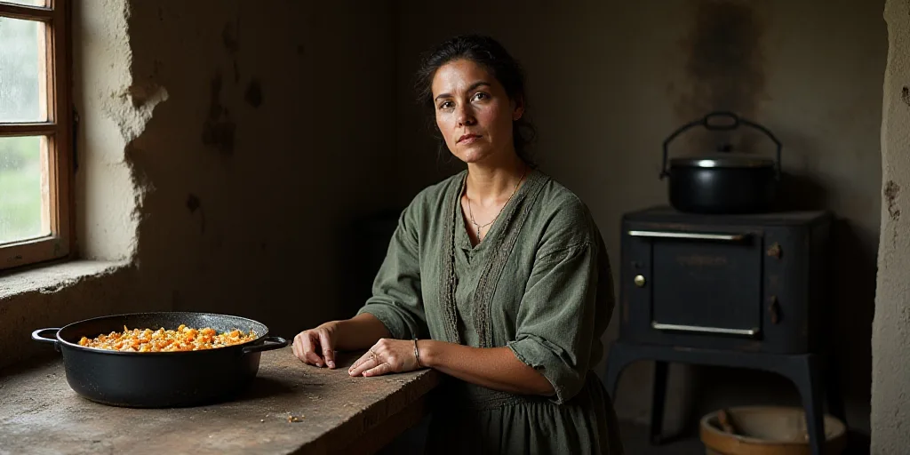 a woman sitting in a room with a large pan of food on a table next to a woman standing next to a sto