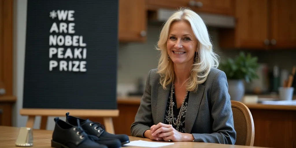 a woman sitting in front of a sign that says we are nobel peaci prize in front of a table with shoes