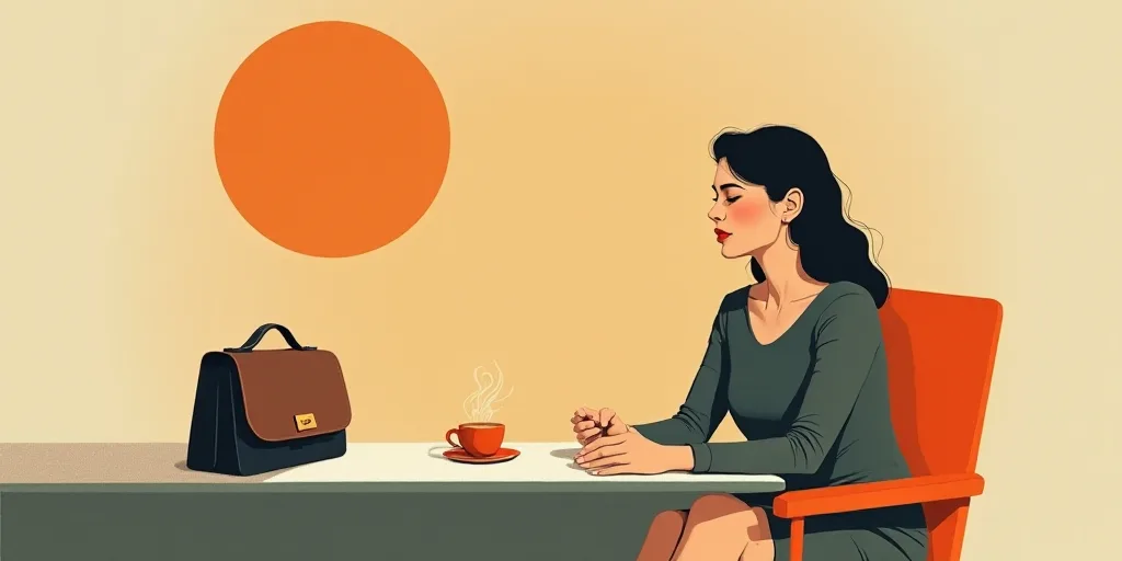 a woman sitting on a table with a cup of coffee and a bag next to her on a table, Évariste Vital Lu