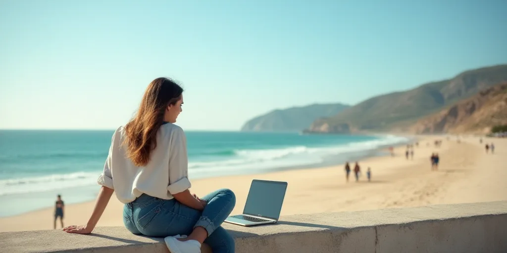 a woman sitting on a wall with a laptop computer in front of her and a beach scene with people walki