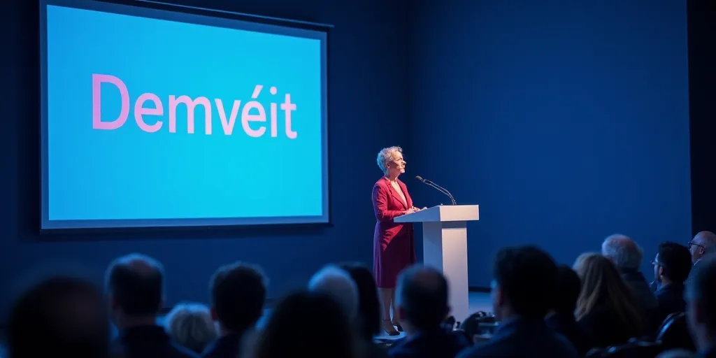 a woman standing at a podium giving a speech at a conference hall with a blue background and a sign