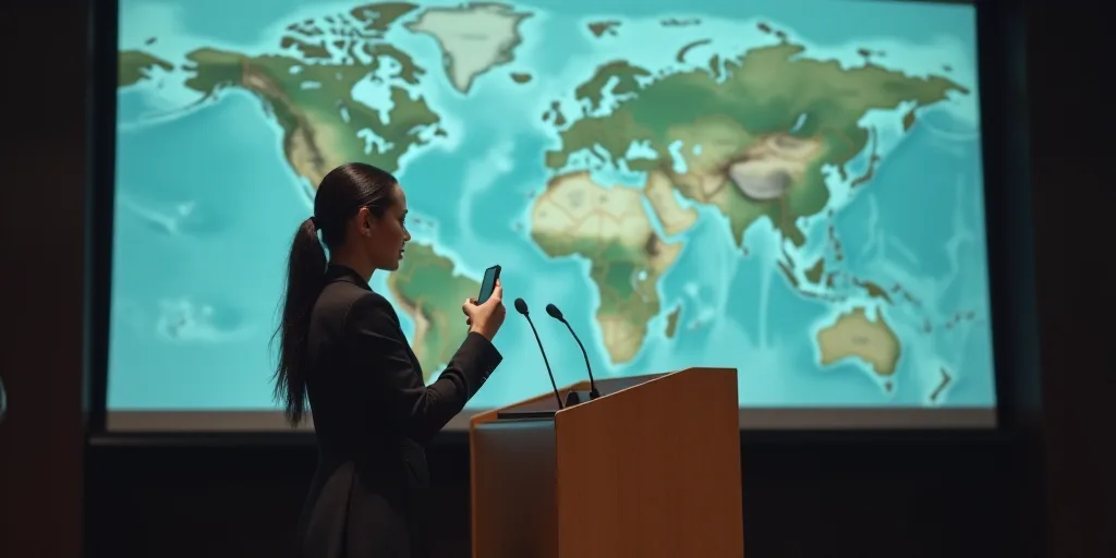 a woman standing at a podium holding a cell phone in front of a screen with a map on it, Ada Gladys