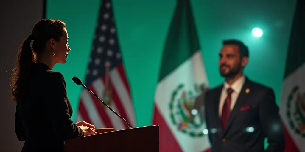 a woman standing at a podium in front of a man in a suit and tie and a mexican flag, Araceli Gilbert