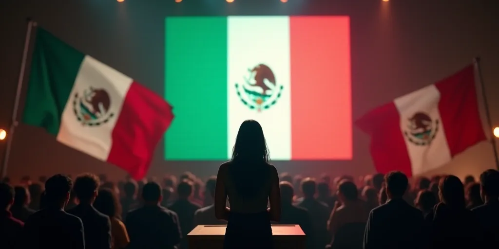 a woman standing at a podium in front of a crowd of people in front of a large screen with mexican f