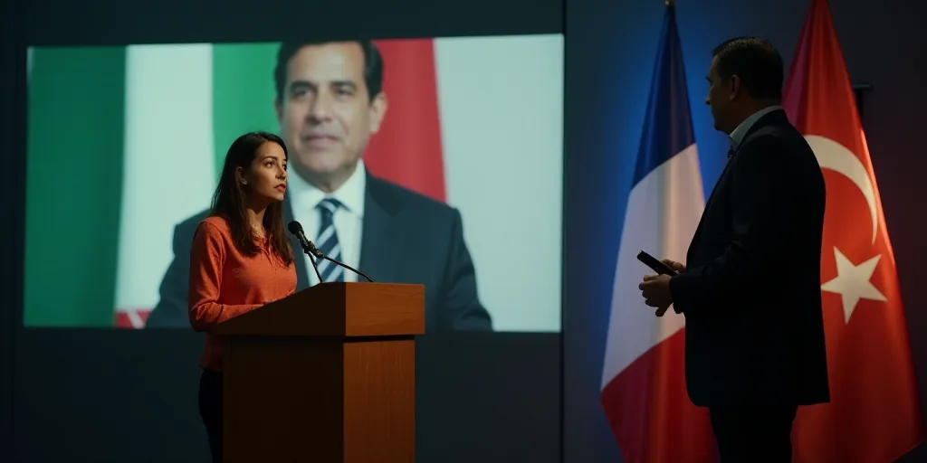 a woman standing at a podium in front of a screen with a flag on it and a man standing behind her, E