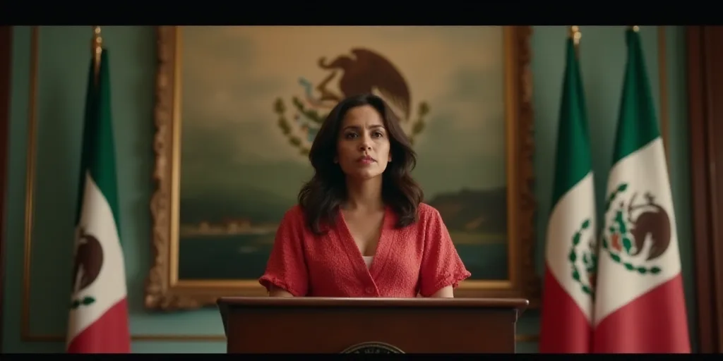 a woman standing at a podium in front of flags and a painting of a mexican eagle on the wall, Aracel