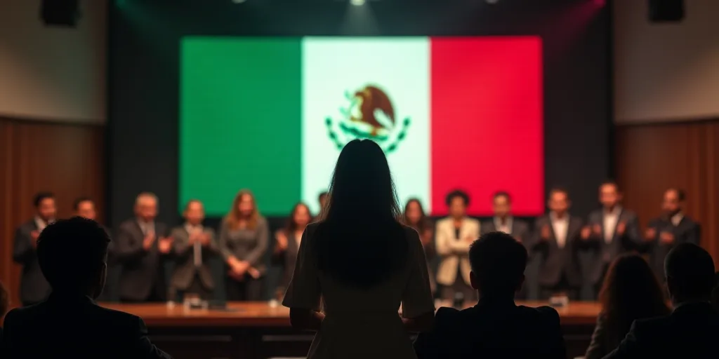 a woman standing at a podium in front of a crowd of people in front of a screen with a mexican flag,