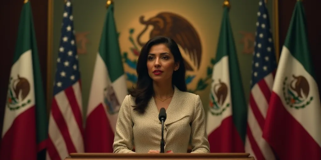 a woman standing at a podium in front of flags and a painting of a mexican eagle on the wall, Aracel
