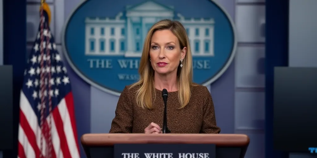 a woman standing at a podium in front of a white house sign and american flags in the background wit