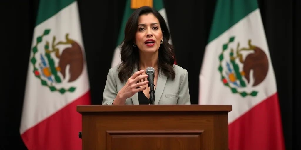 a woman standing at a podium in front of flags of mexico and mexico, speaking at a podium with a mic