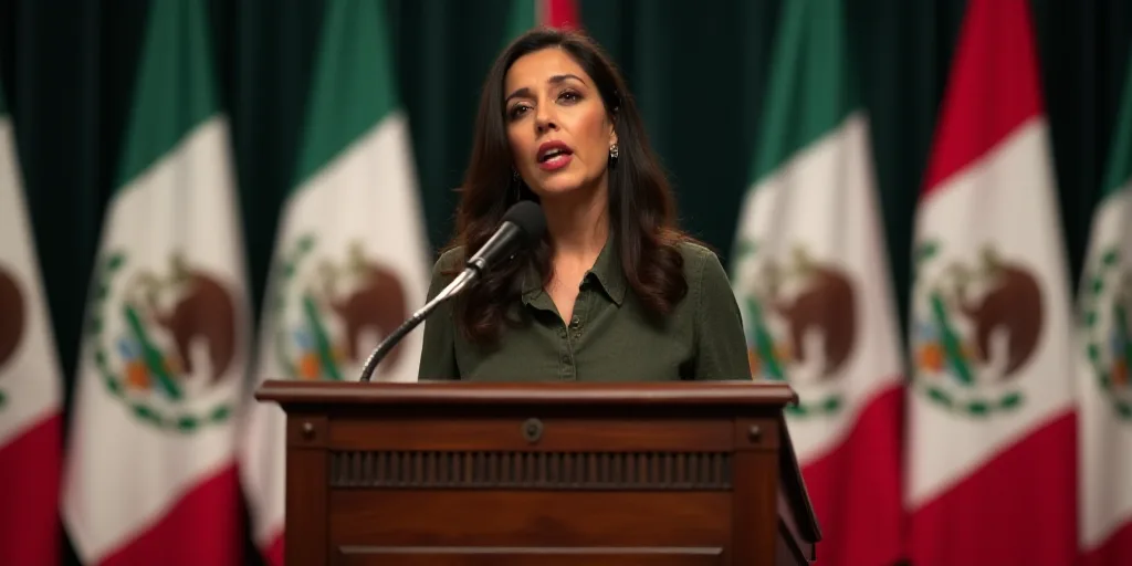 a woman standing at a podium in front of flags of mexico and mexico, speaking at a podium with a mic