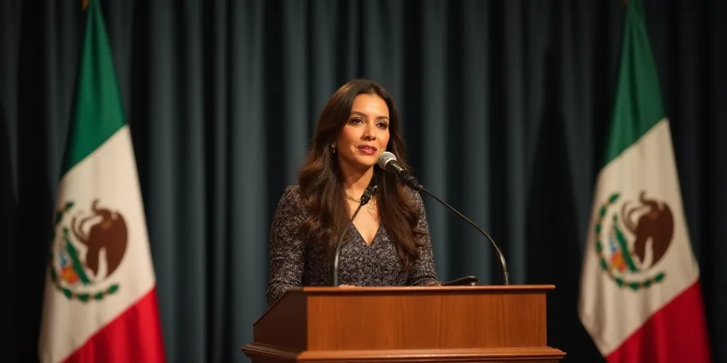 a woman standing at a podium in front of flags of mexico and mexico, speaking at a podium with a mic