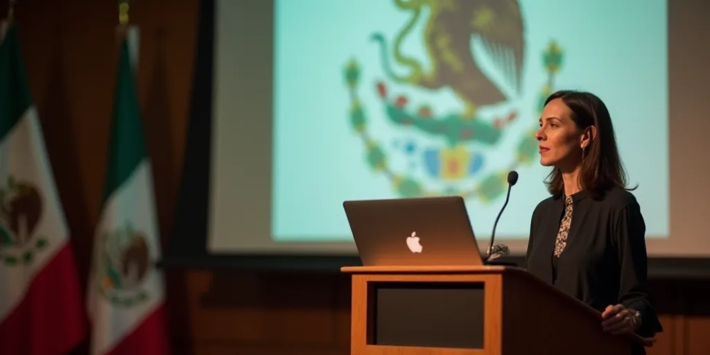 a woman standing at a podium in front of a projector screen with flags behind her and a mexican flag