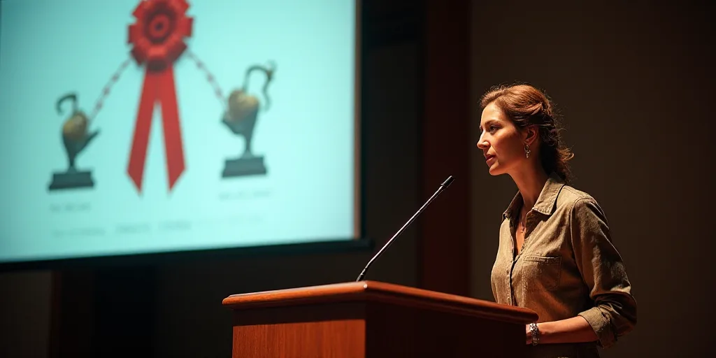 a woman standing at a podium in front of a projector screen with a presentation on it and a red ribb