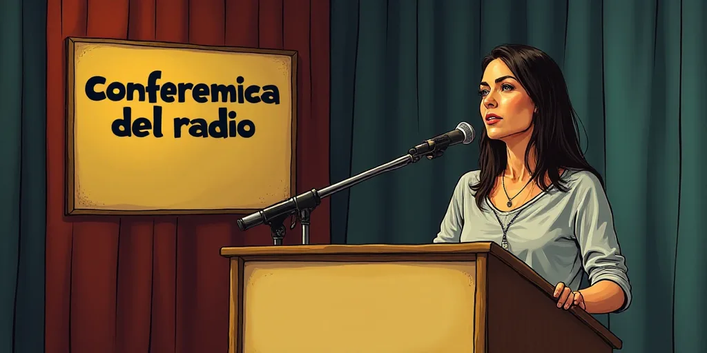 a woman standing at a podium with a microphone in front of her and a sign behind her that says confe