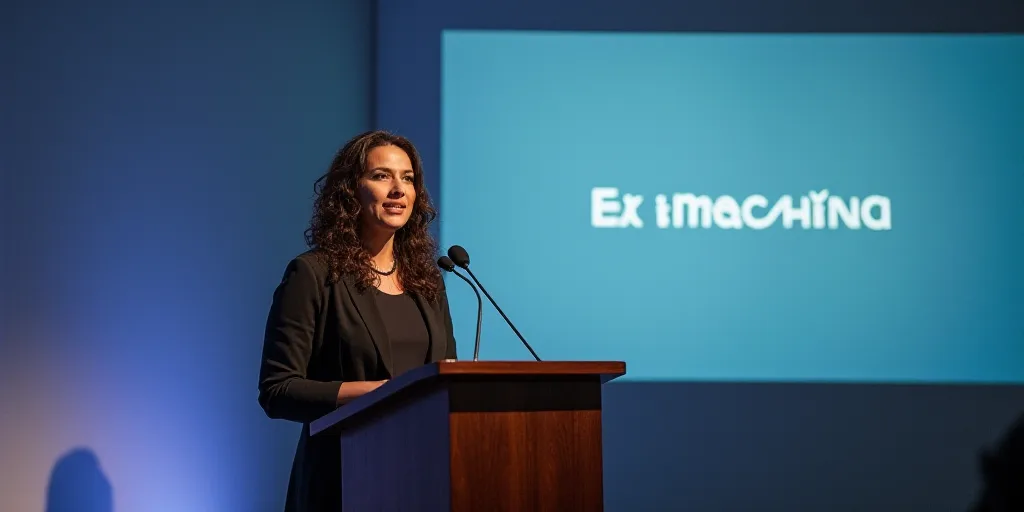 a woman standing at a podium with a microphone in front of her and a wall behind her with a sign tha