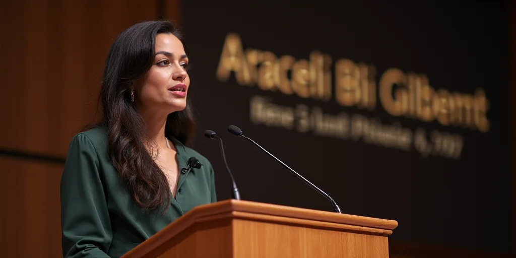 a woman standing at a podium with a microphone in front of her and a sign behind her that says,, Ara