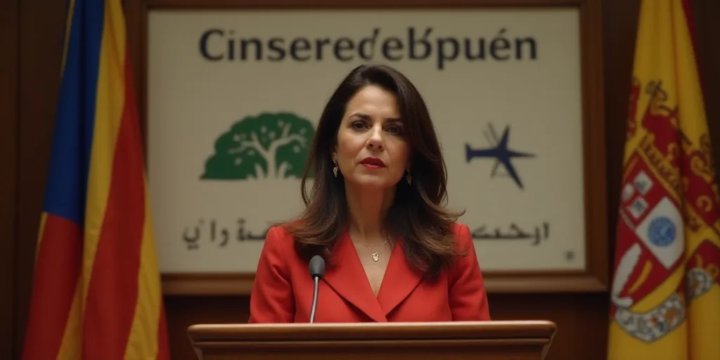 a woman standing at a podium with a flag behind her and a banner behind her that says confere del pu