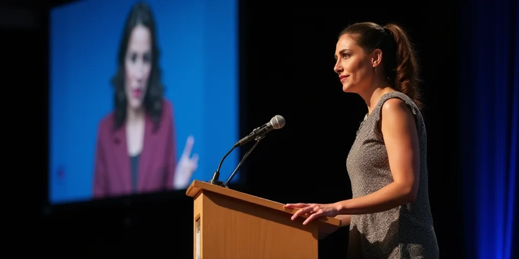 a woman standing at a podium with a microphone in front of her and a screen behind her with a pictur