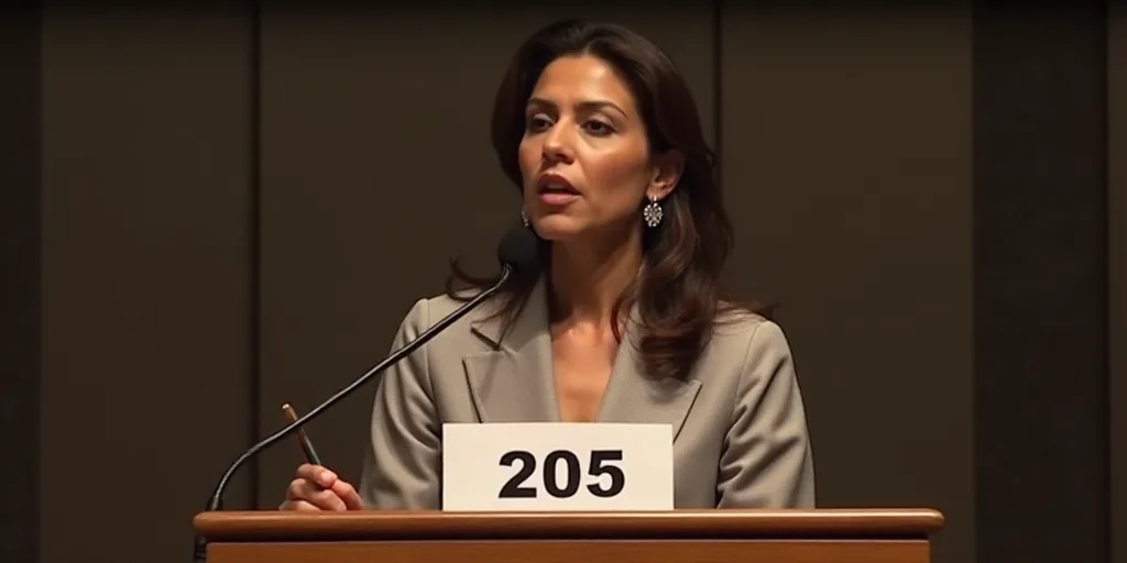 a woman standing at a podium with a microphone in front of her and a sign behind her that says 205,