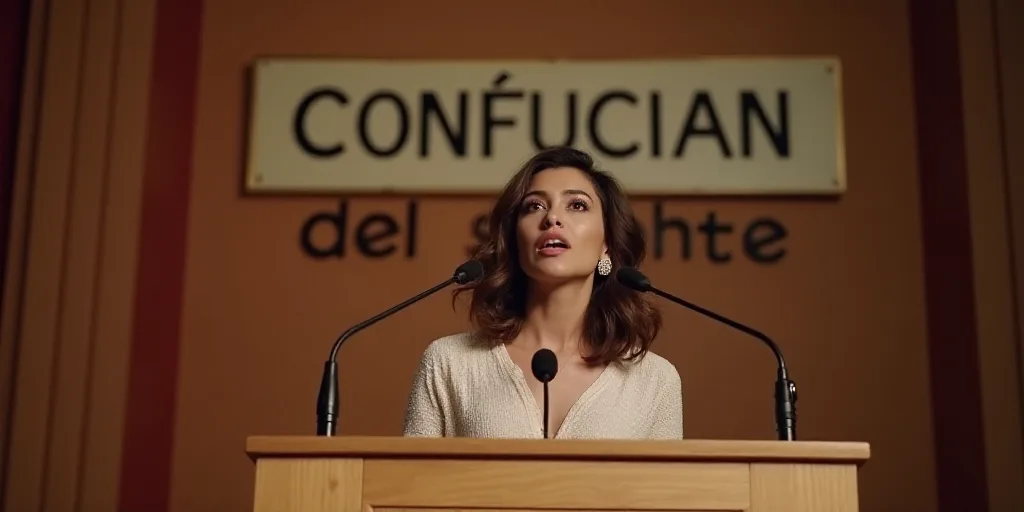 a woman standing at a podium with a microphone in front of her and a sign behind her that says confu
