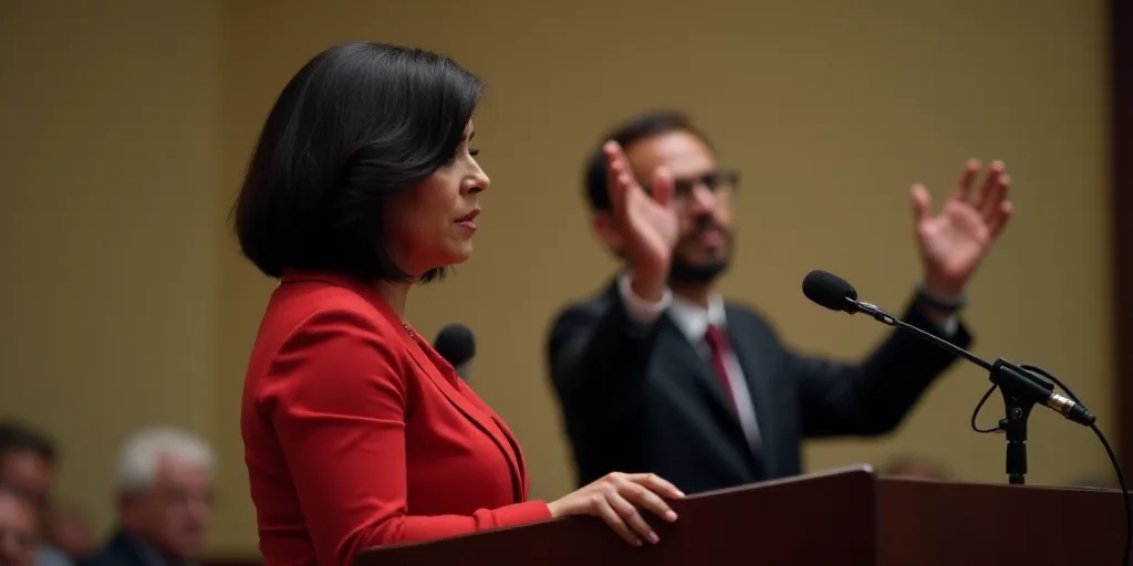 a woman standing at a podium with a camera in front of her and a man standing behind her with his ha